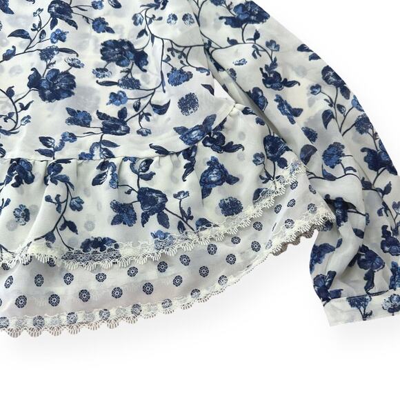 XHILIRATION Tiered Ruffle Floral Peplum Blouse Chiffon Long Sleeve Blue Small - Picture 5 of 10